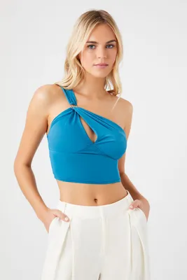 Women's One-Shoulder Cutout Crop Top in Bijou Blue, XL