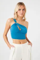 Women's One-Shoulder Cutout Crop Top in Bijou Blue, XL