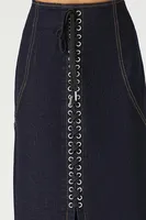 Women's Lace-Up Slit Maxi Skirt in Dark Denim, XS