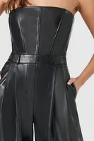 Women's Faux Leather Strapless Jumpsuit in Black, XS