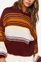 Women's Striped Balloon-Sleeve Sweater in Burgundy Medium