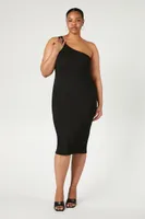 Women's One-Shoulder Bodycon Midi Dress in Black, 0X