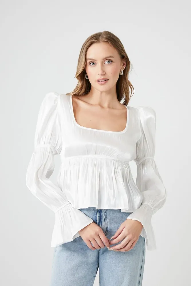 Women's Square-Neck Tiered-Sleeve Top in White Small