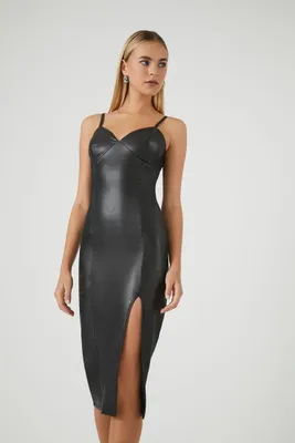 Women's Faux Leather Slit Midi Dress in Black Large