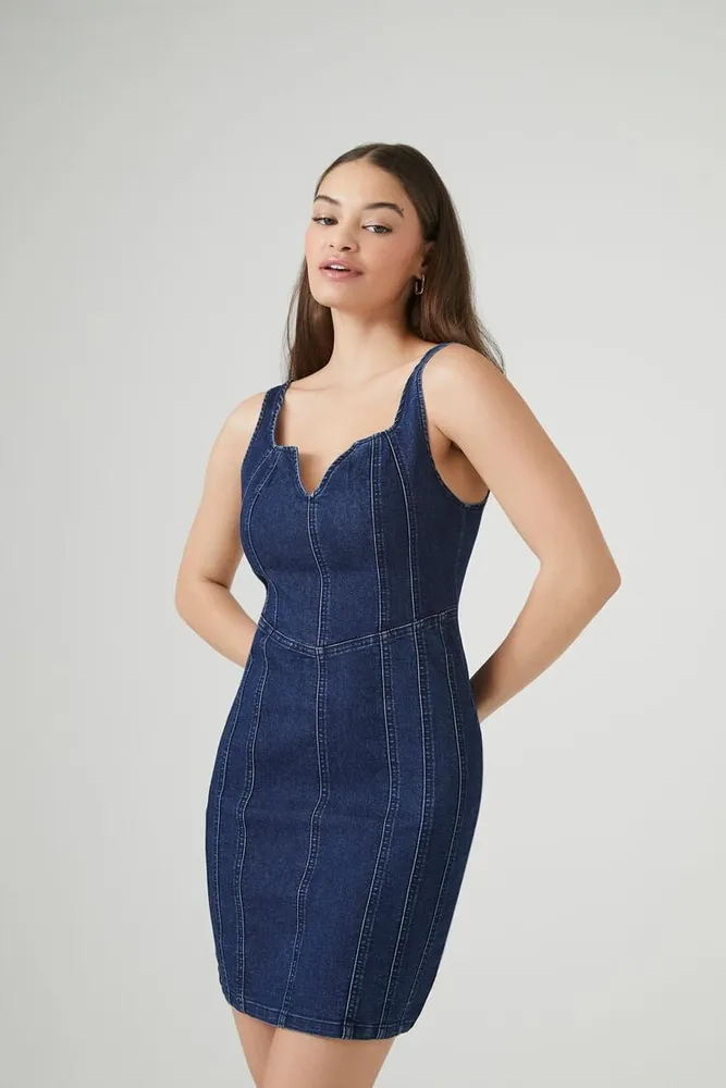 Women's Notched Denim Mini Dress in Dark Denim, XS