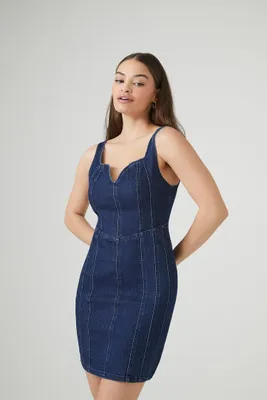 Women's Notched Denim Mini Dress in Dark Denim, XS