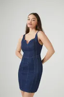 Women's Notched Denim Mini Dress in Dark Denim, XS