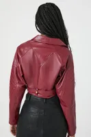 Women's Cropped Faux Leather Moto Jacket in Burgundy, XL