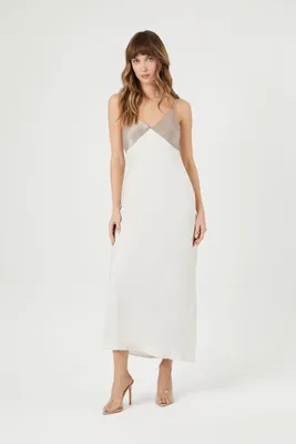 Women's Satin Colorblock Maxi Slip Dress in Vanilla/Grey, XS