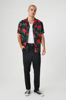 Men Rayon Rose Print Shirt in Black Large