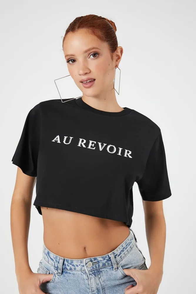 Women's Au Revoir Graphic Cropped T-Shirt in Black, XS