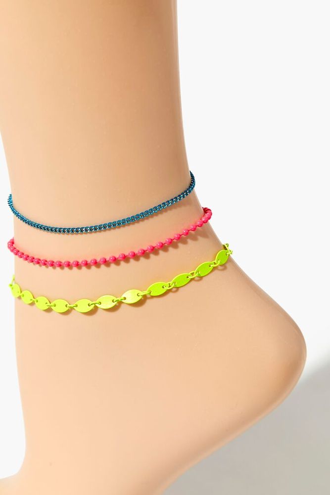 Women's Ball Chain Anklet Set in Pink/Blue