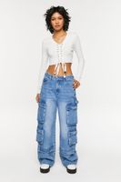 Women's Lace-Up Long-Sleeve Sweater-Knit Crop Top in Vanilla Small