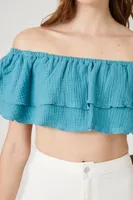 Women's Off-the-Shoulder Flounce Crop Top Teal Blue,