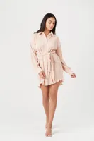 Women's Plisse Tie-Waist Shirt Dress in Taupe Small