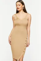 Women's Ribbed Asymmetrical-Button Midi Dress in Taupe, XL