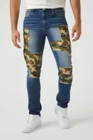 Men Camo Patchwork Slim-Fit Jeans in Medium Denim, 30