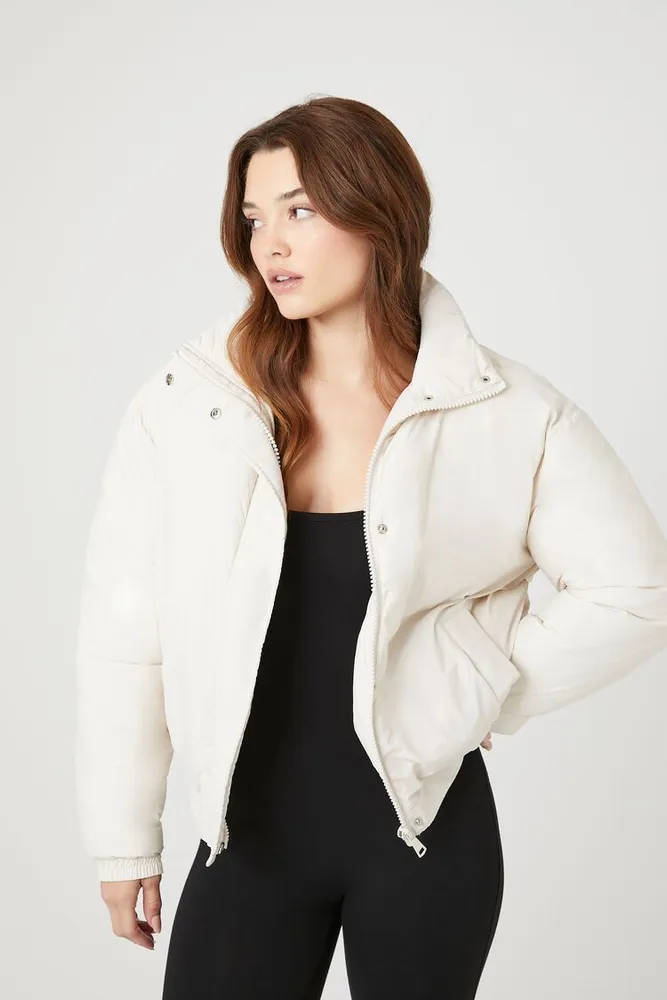 Women's Funnel Neck Puffer Jacket in Oatmeal Large