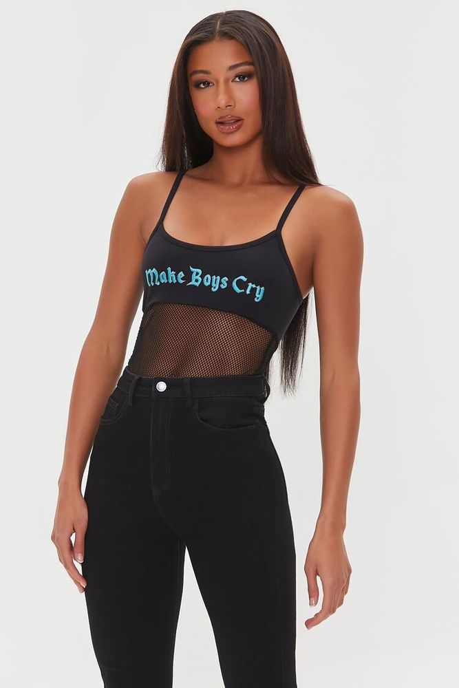 Women's Make Boys Cry Graphic Mesh Bodysuit in Black Small