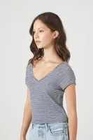 Women's Striped Rib-Knit T-Shirt in Navy/Ivory, XL