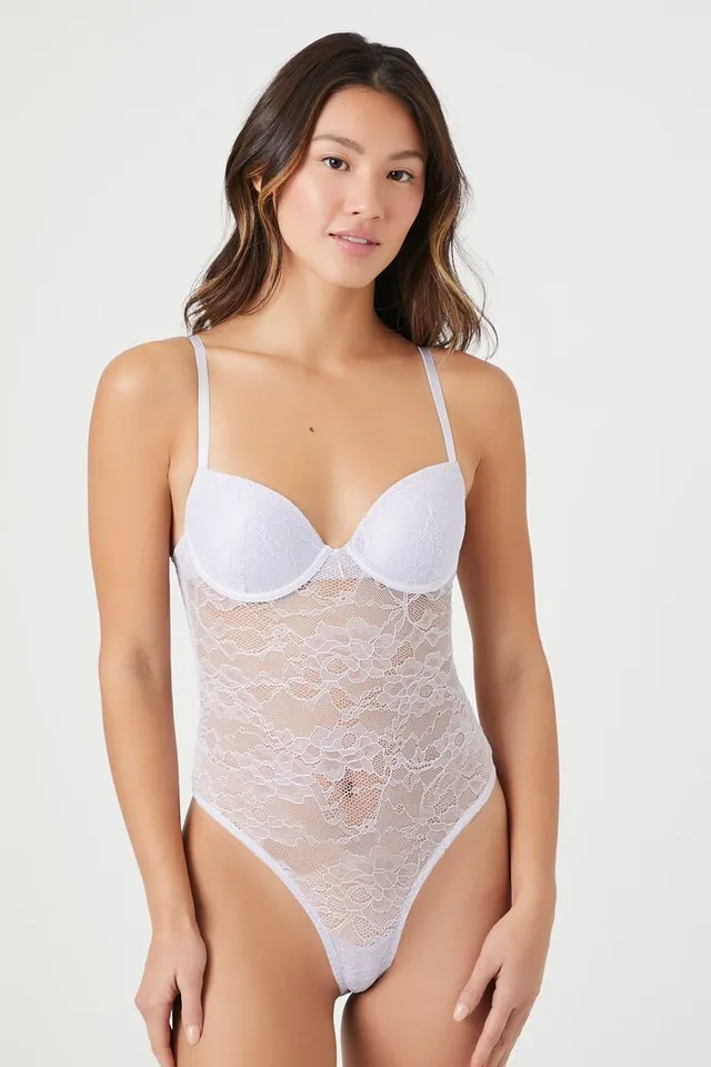 Forever 21 Women's Sheer Lace Lingerie Bodysuit Heather