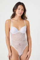 Women's Sheer Lace Lingerie Bodysuit in Heather Lavender Large