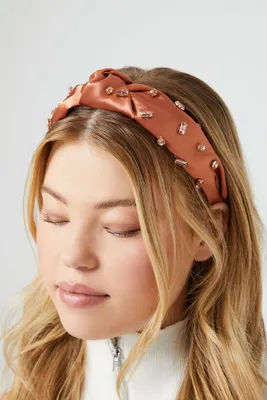 Faux Gem Knotted Satin Headband in Rust