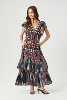 Women's Ornate Floral Tiered Ruffle Maxi Dress in Blue/Orange Small