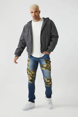 Men Camo Patchwork Slim-Fit Jeans in Medium Denim, 32