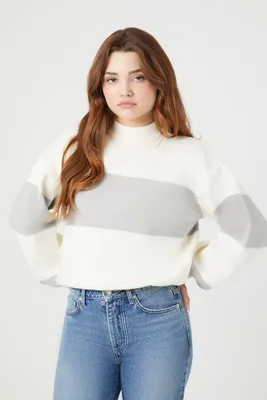 Women's Striped Mock Neck Sweater in White/Dark Grey Small