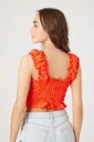 Women's Ruffle Shirred Crop Top in Bright Orange Medium