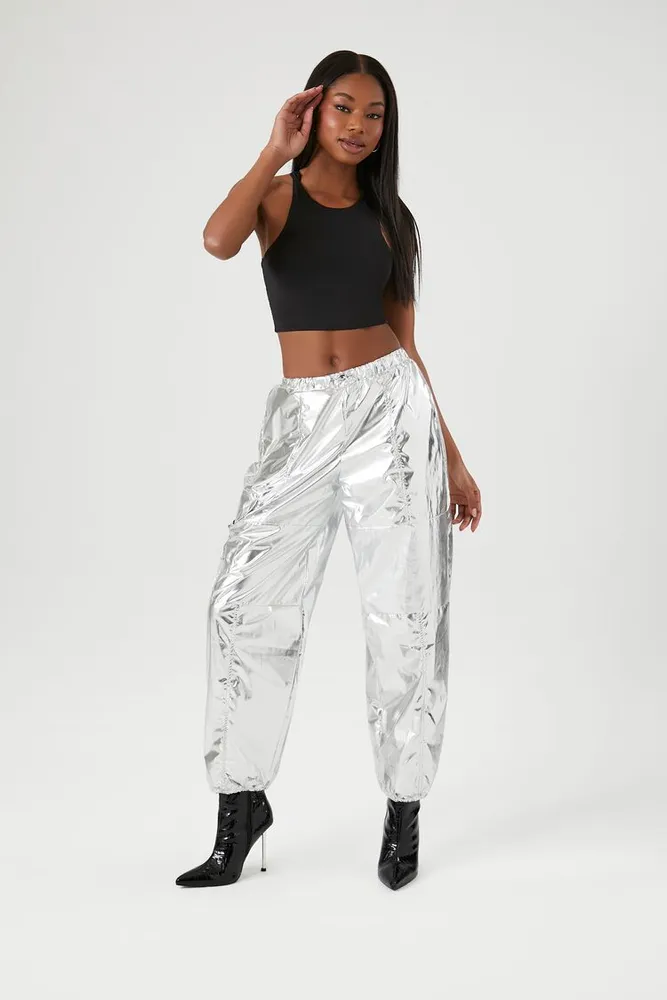 Women's Metallic Cargo Joggers in Silver Large