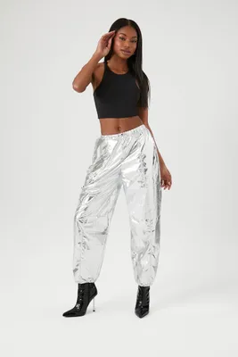 Women's Metallic Cargo Joggers in Silver Large