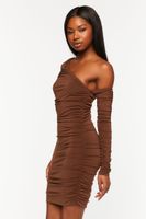 Women's Ruched One-Shoulder Mini Dress in Brown Small