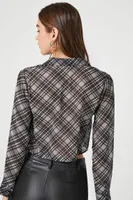 Women's Chiffon Plaid Cropped Shirt in Black Large