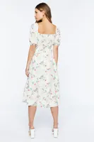 Women's Floral Smocked Puff-Sleeve Midi Dress in Ivory Small