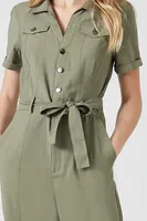 Women's Tie-Waist Wide-Leg Jumpsuit in Olive Medium