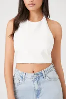 Women's Twill Halter Crop Top in White, XL