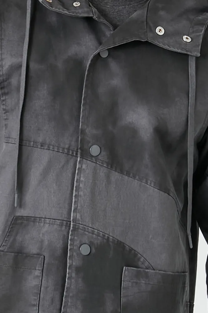 Men Hooded Tie-Dye Trench Coat in Dark Grey/Black Large