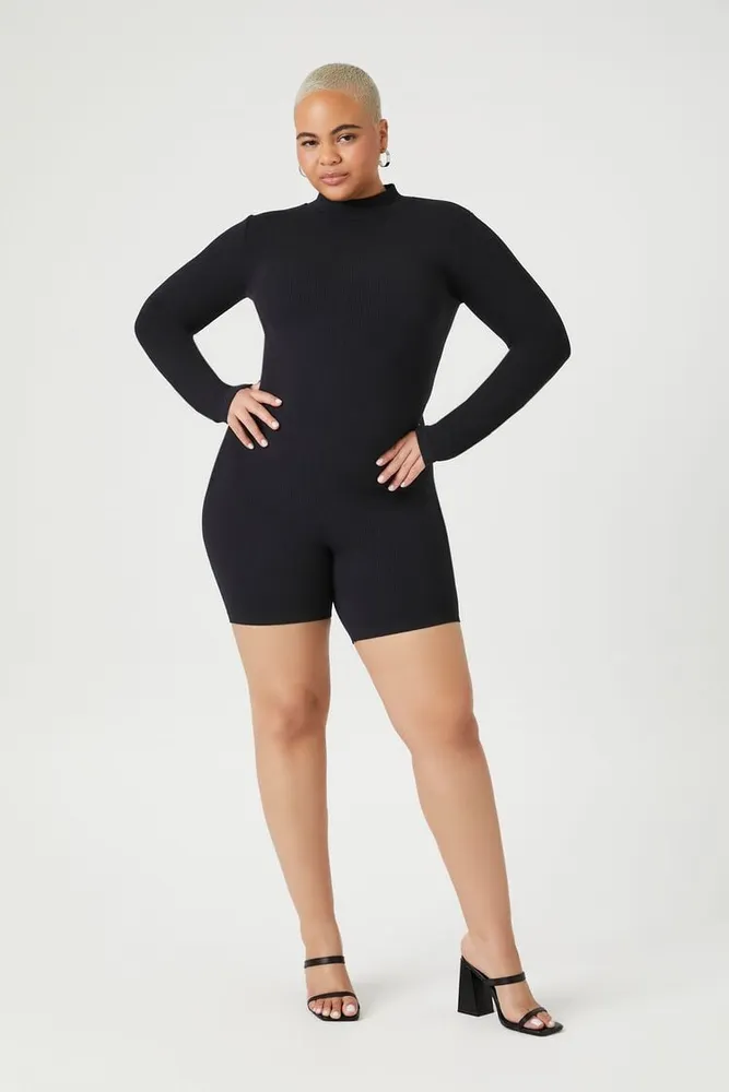 Women's Seamless Mock Neck Romper in Black, 2X