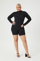 Women's Seamless Mock Neck Romper in Black, 2X