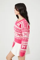 Women's Fair Isle V-Neck Sweater in Pink Large