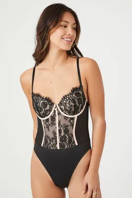 Women's Eyelash Lace Lingerie Bodysuit in Black/Champagne Small