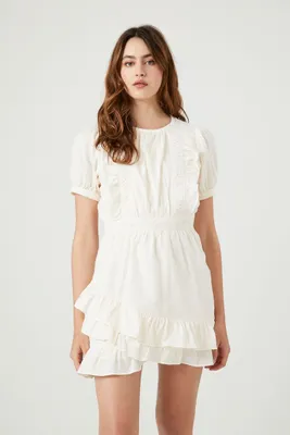 Women's Crochet Lace Ruffle Mini Dress in White Small