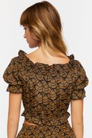 Women's Ornate Print Puff-Sleeve Crop Top in Brown Small