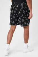 Men Floral Line Art Drawstring Shorts in Black Large