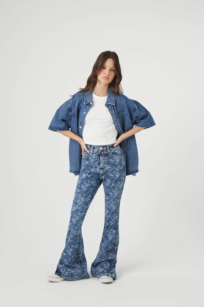 Women's Floral Print High-Rise Flare Jeans in Medium Denim, 24