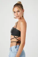 Women's Faux Leather Strappy Crop Top in Black Large