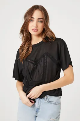 Women's Lace-Trim Bustier T-Shirt in Black Small