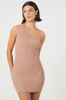 Women's Metallic One-Shoulder Mini Sweater Dress in Taupe/Gold Large